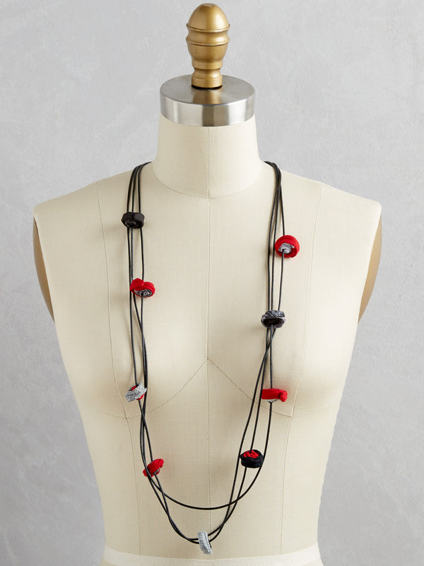 Pinwheel Triple Strand Necklace - Red and Gray