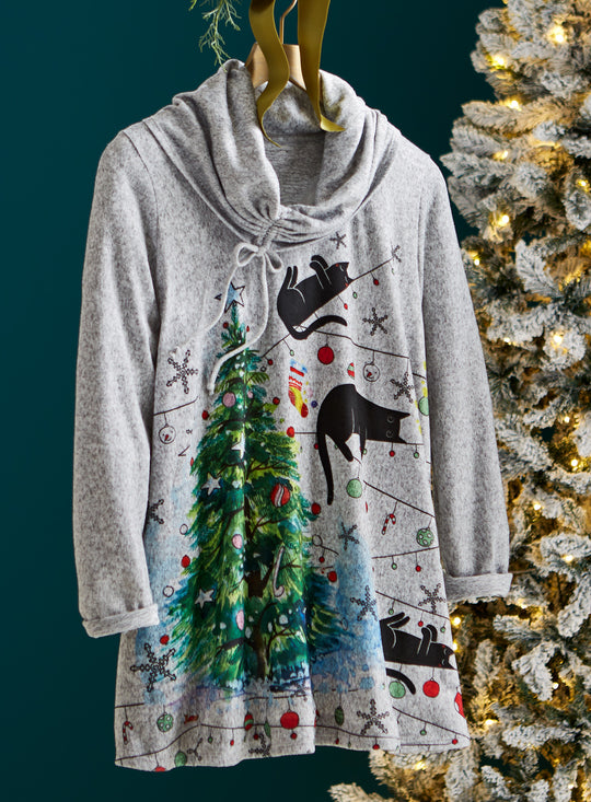 Christmas Kitties Cowl-Neck Pullover FINAL SALE (No Returns)