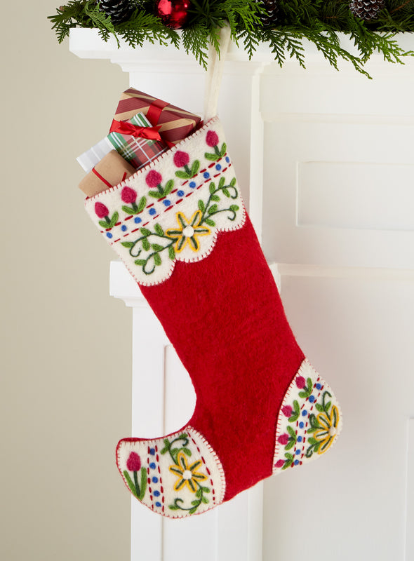 Alpine Meadow Felted Christmas Stocking (red)