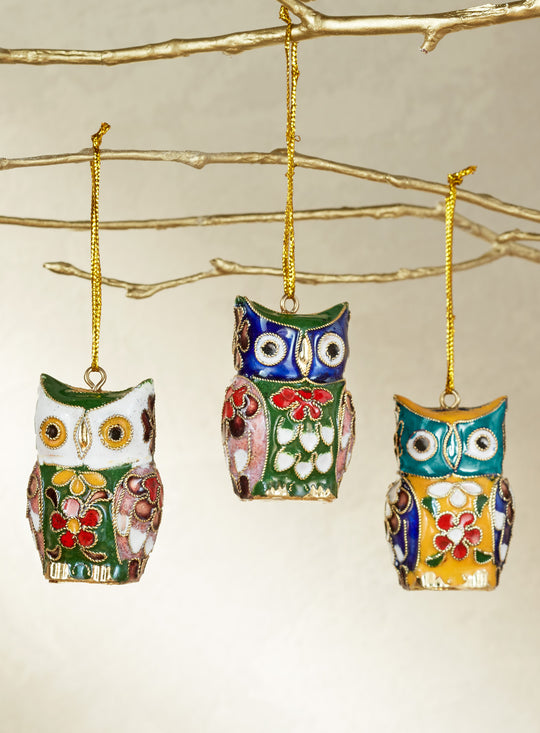 Cloisonné Owl Ornaments - Set of 3
