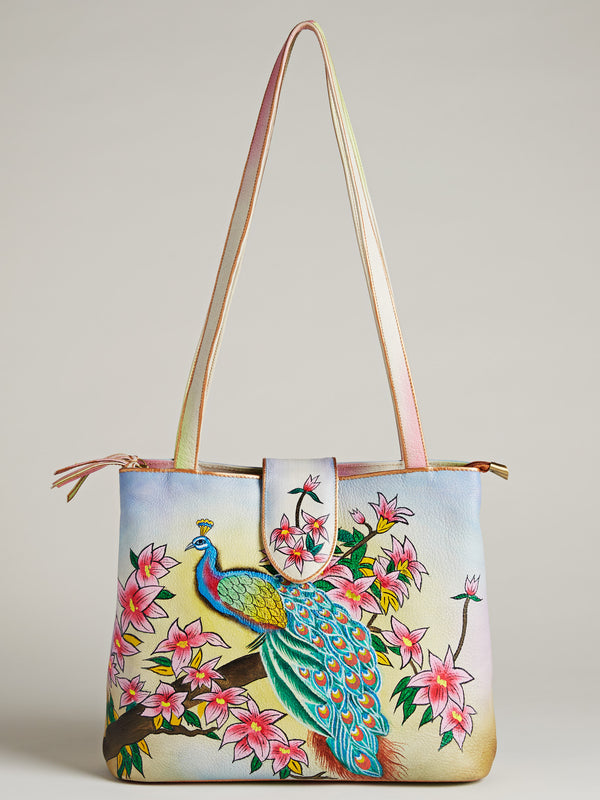 Hand-painted Leather Peacock Tote Bag FINAL SALE (No Returns)