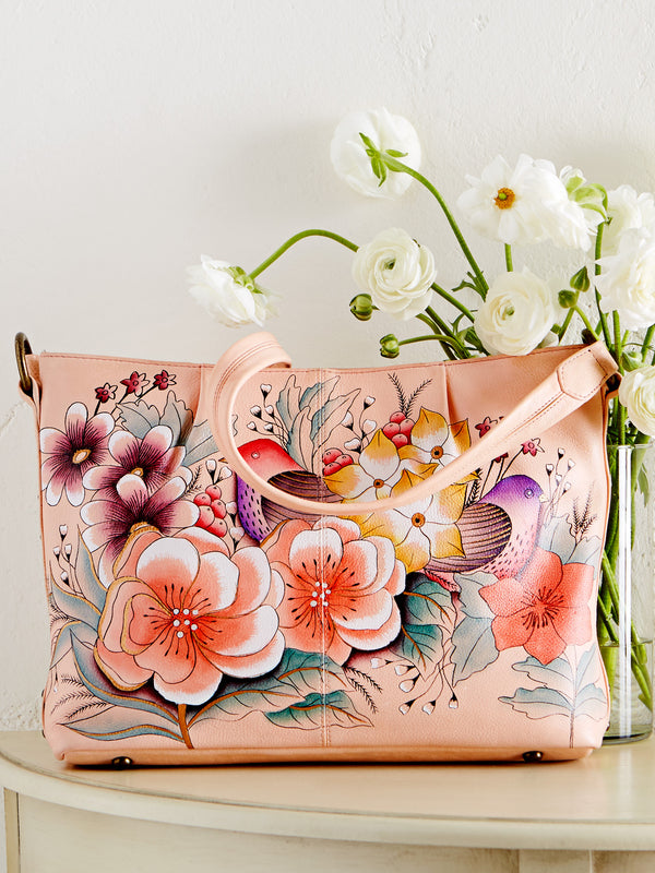 Birds in Blush Hand-painted Hobo Bag