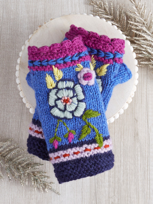 Blue Colorblock Hand-knit Handwarmers