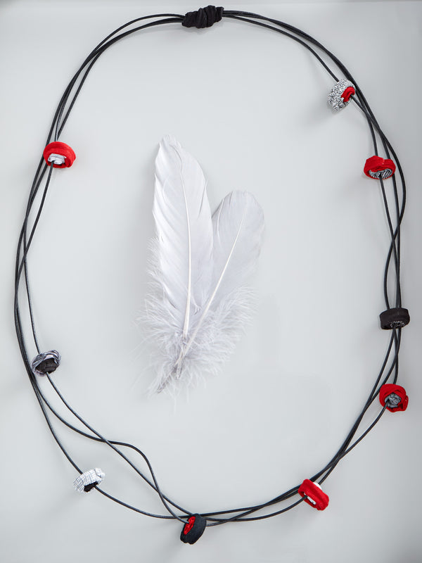 Pinwheel Triple Strand Necklace - Red and Gray