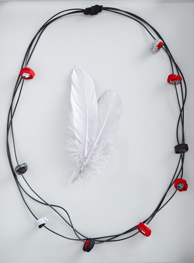 Pinwheel Triple Strand Necklace - Red and Gray