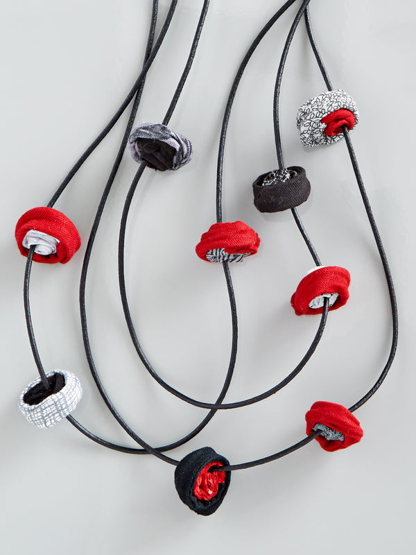 Pinwheel Triple Strand Necklace - Red and Gray