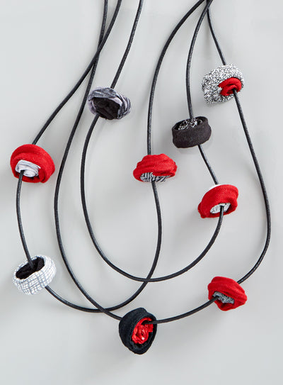 Pinwheel Triple Strand Necklace - Red and Gray