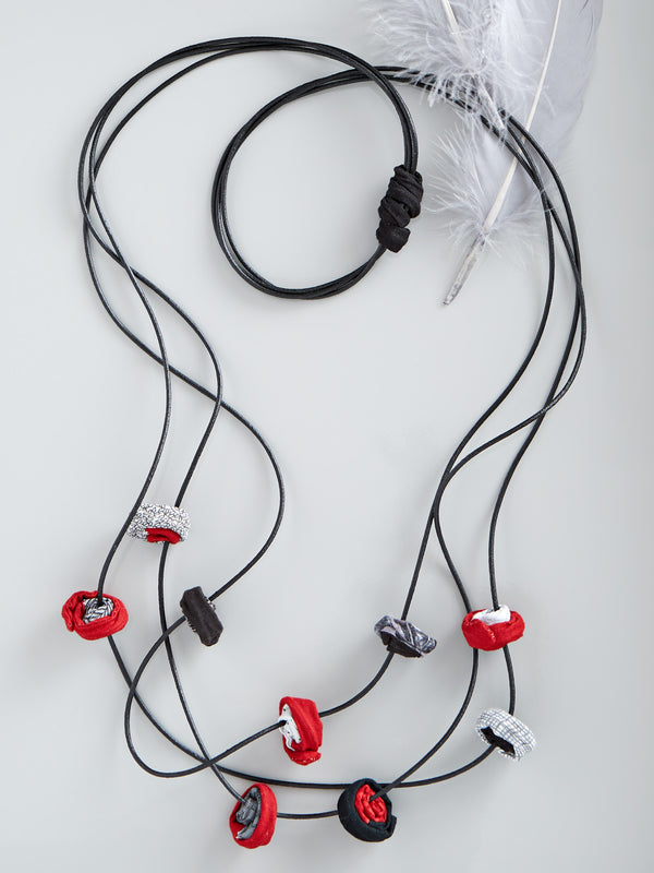 Pinwheel Triple Strand Necklace - Red and Gray