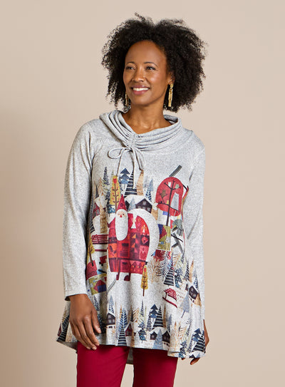 Folk Art Santa Cowl-Neck Pullover