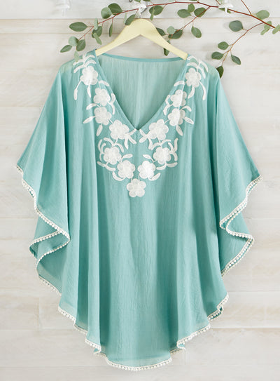 Embroidered Lei Cotton Poncho FINAL SALE (No Returns)