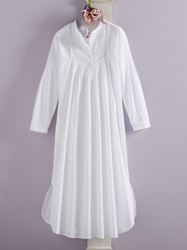 Cotton Pintuck Long-Sleeve Nightgown