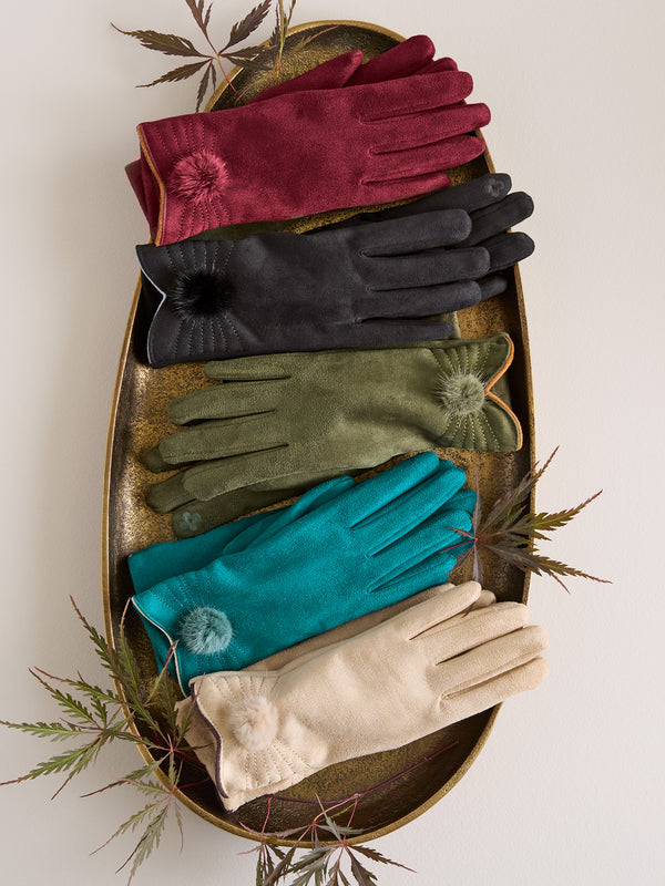 Posh Pom-Pom Faux Microsuede Gloves