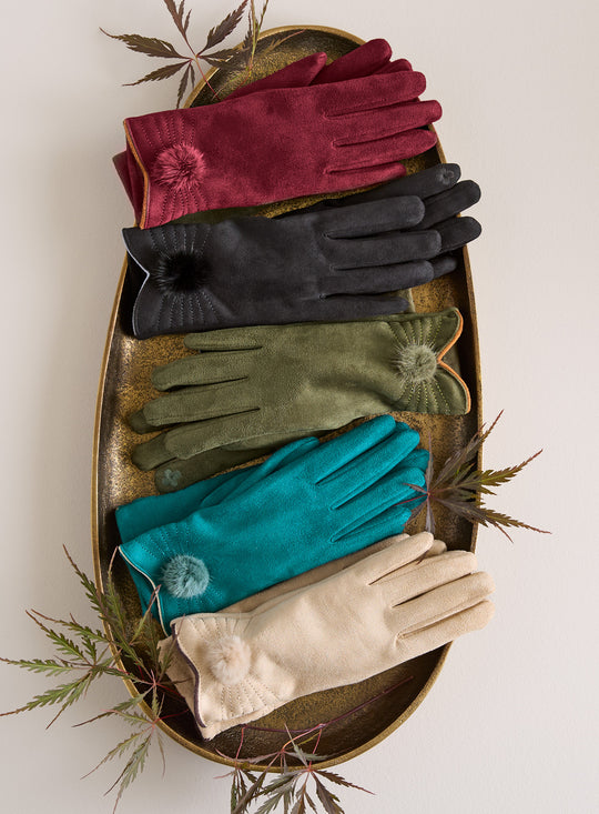 Posh Pom-Pom Faux Microsuede Gloves