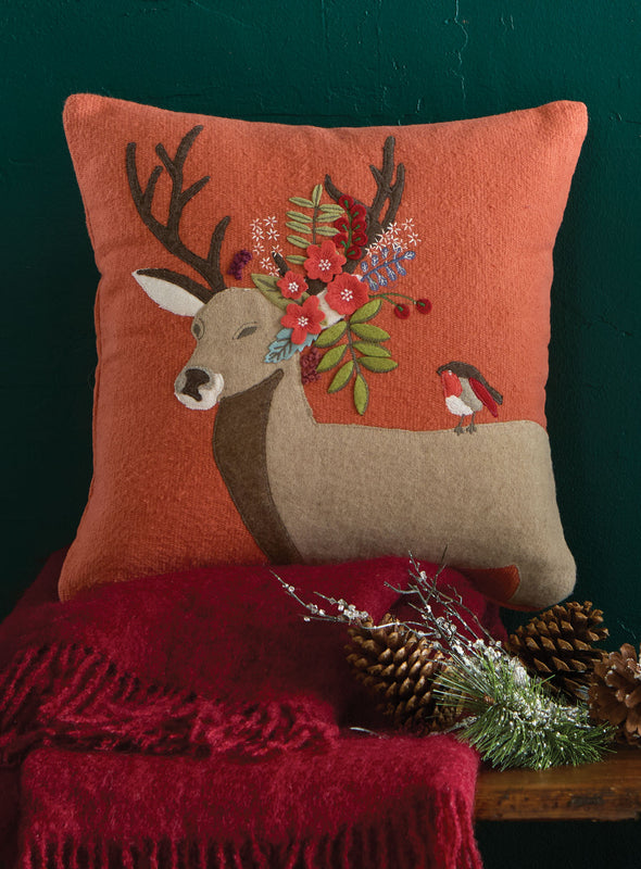 Deer and Robin Appliqué Throw Pillow