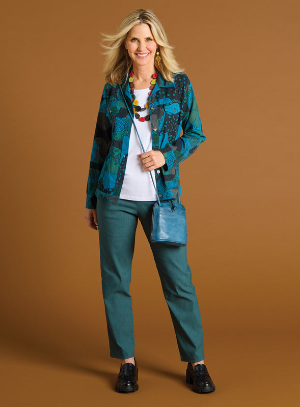 Retro Print Jacket and Heathered Pants Outfit