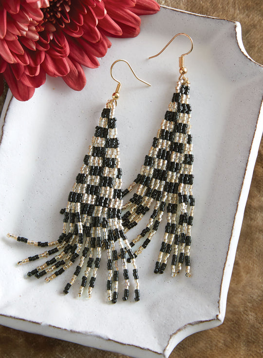 Checkerboard Tassel Beaded Earrings
