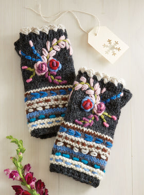 Floral Wool Hand-Knit Handwarmers