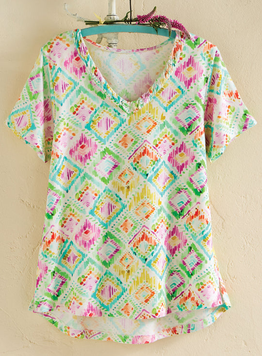 Ikat Pastels Shirred V-Neck Top