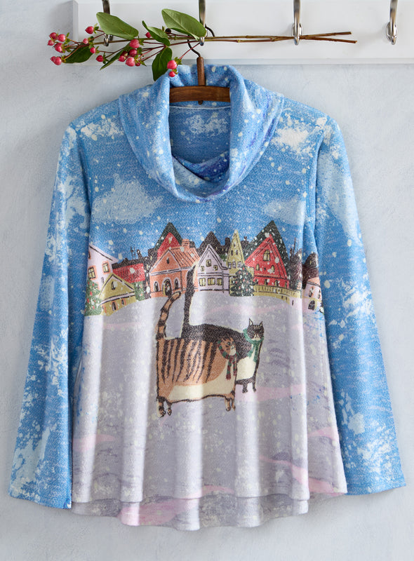 Frosty Felines Cowl Neck Top