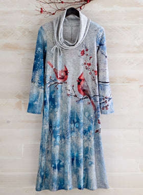 Cardinals in Snow Cowl-Neck Dress