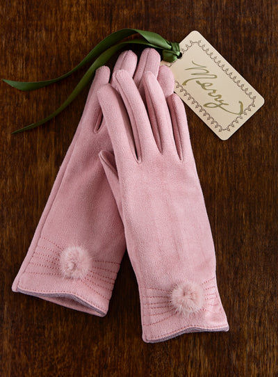 Posh Pom-Pom Faux Microsuede Gloves — Pink