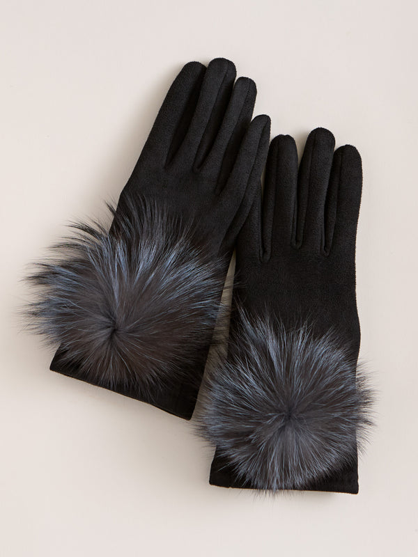 Faux Fur Pom-Pom Touchscreen Gloves — Black