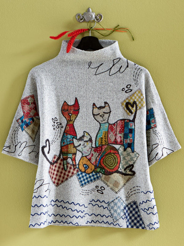 Stitch and Purr Waffle Knit Top — Gray