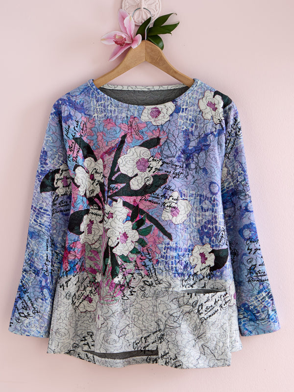 Flower and Script Quilted Top — Lilac