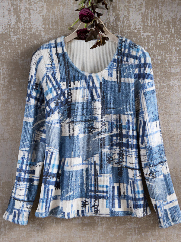 Indigo Patchwork Cozy Rib-Knit Top — Blue