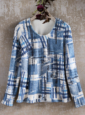 Indigo Patchwork Cozy Rib-Knit Top