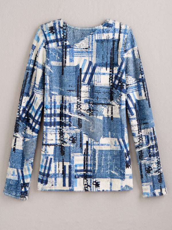 Indigo Patchwork Cozy Rib-Knit Top