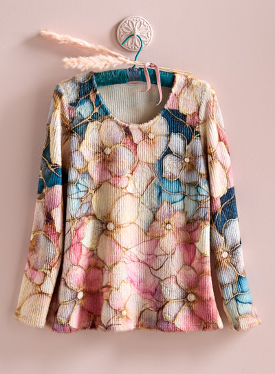 Cloisonné Dogwood Cozy Rib-Knit Top — Pink
