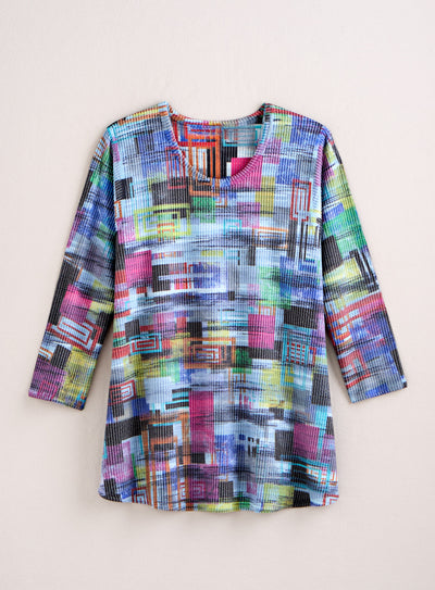 Glitchy Grid Rib-Knit Top — Blue