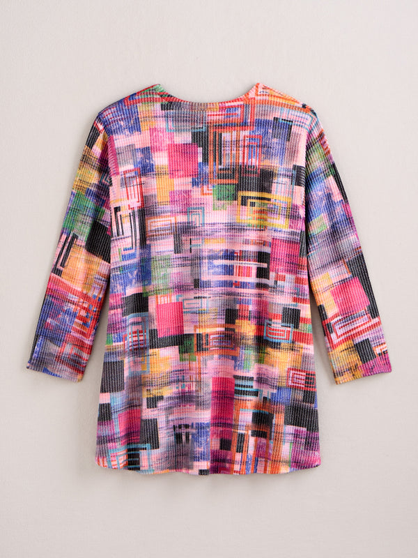 Glitchy Grid Rib-Knit Top — Pink