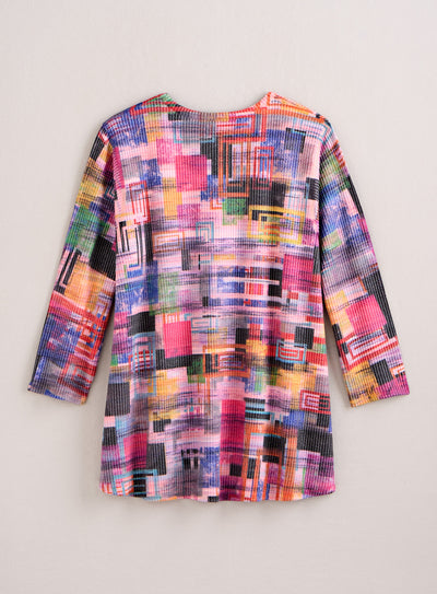 Glitchy Grid Rib-Knit Top — Pink
