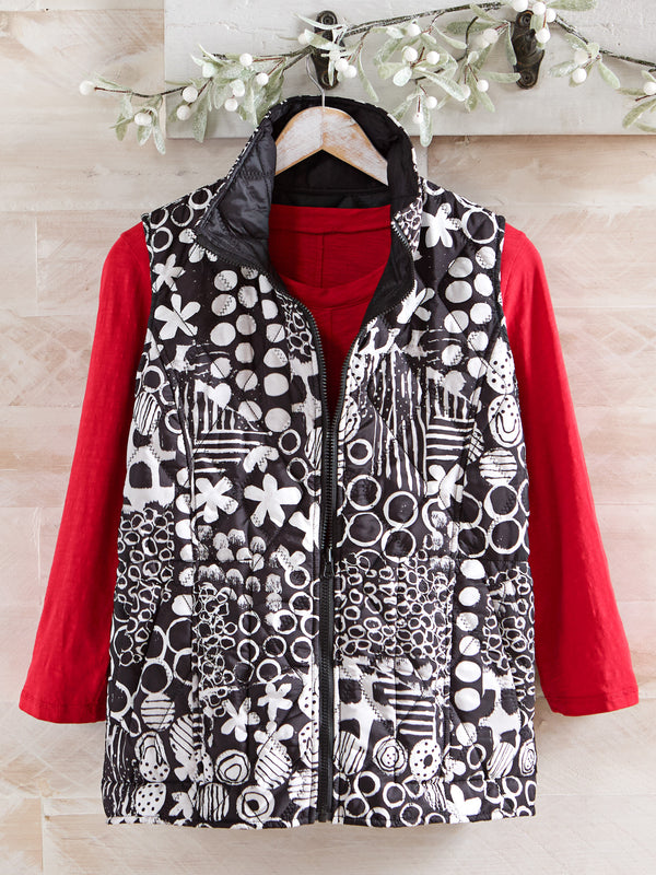 Doodle Bug Reversible Quilted Vest — Black / White