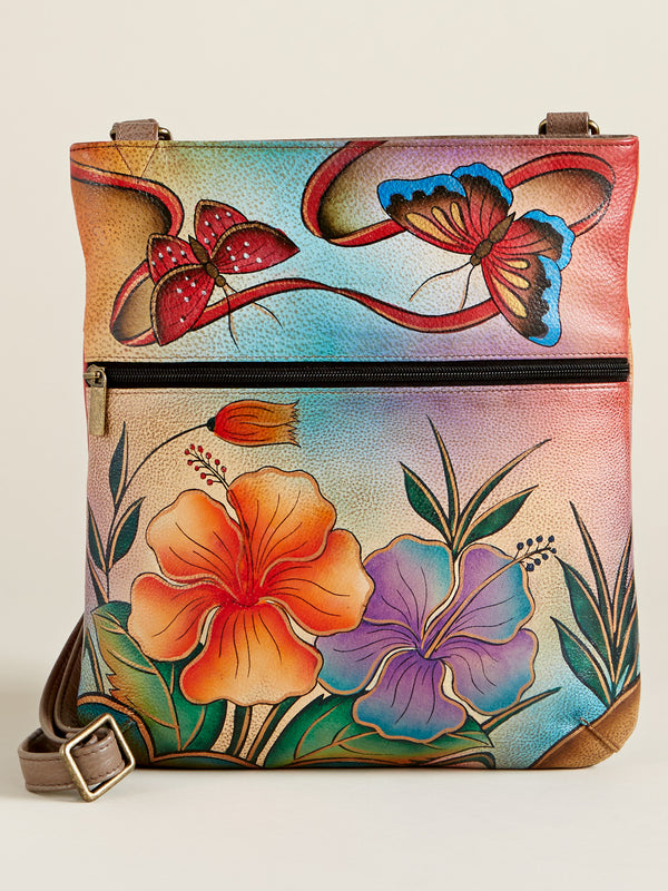 Hibiscus Hand-painted Leather Crossbody Bag FINAL SALE (No Returns)