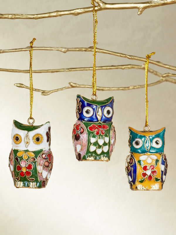 Cloisonné Owl Ornaments - Set of 3