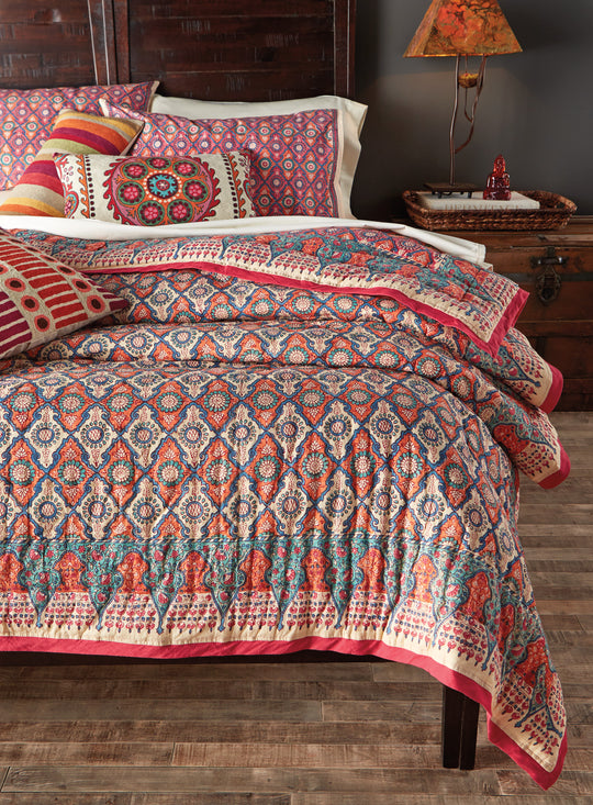 Lotus Blossom Block-print Quilt - Full/Queen