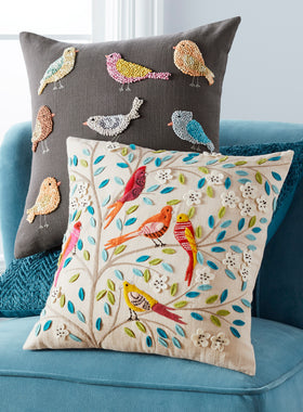 Indian Songbird Embroidered Throw Pillows