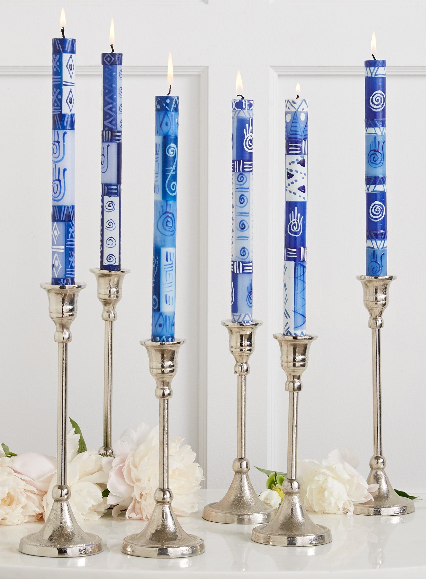 Hamsa Blue Protection ~ Hand Painted Taper Candles in Cotton (Tapers - Set of 4in - 9inIn) by Saffron Marigold