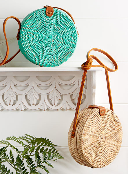 Round Rattan Bali Bag with Front Floral/Star Design - The Daily Belle