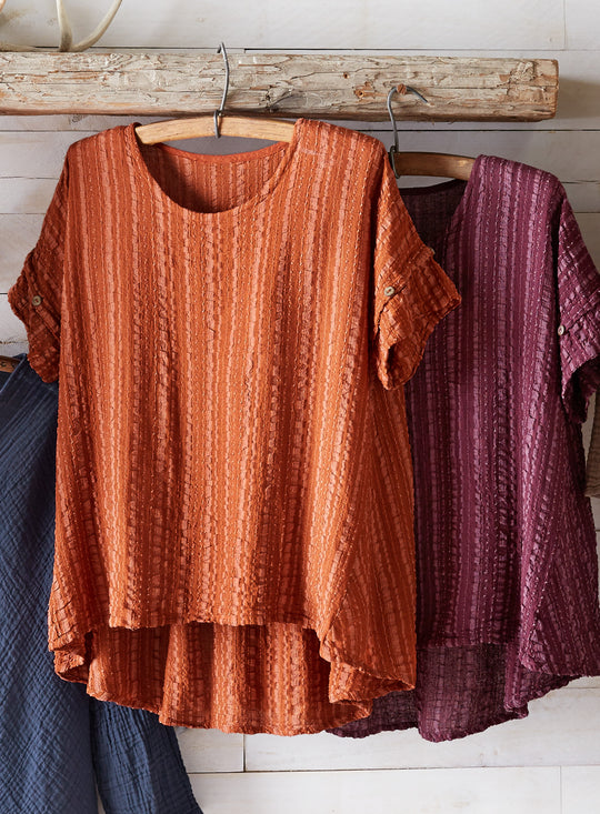 Crinkle Cotton Short-Sleeve Stripe Tunic