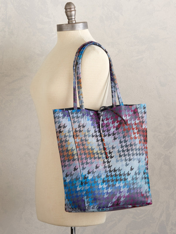 Rainbow Houndstooth Leather Tote Bag