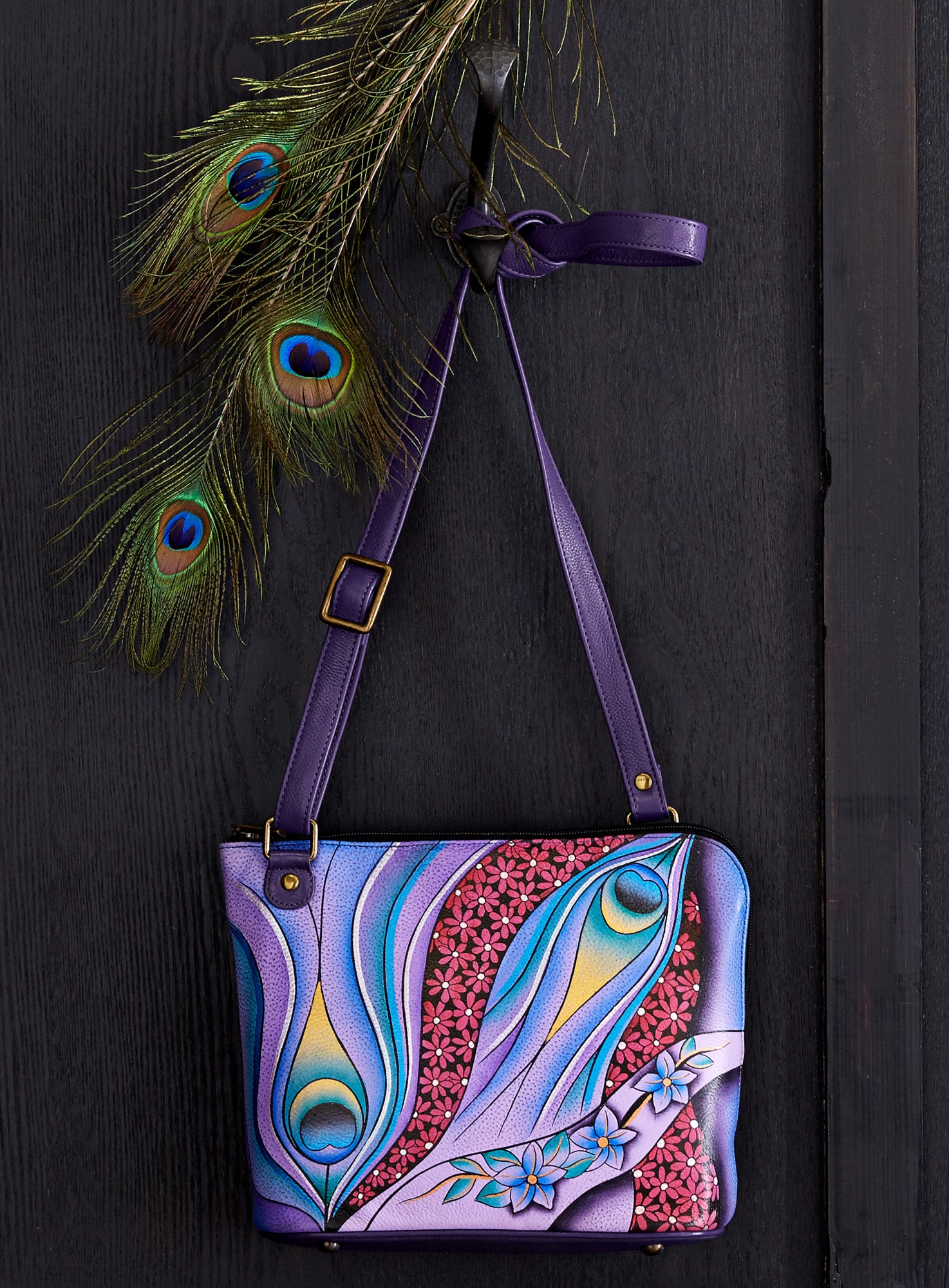 Hand-painted Peeking Peacock Crossbody Bag | Petalura