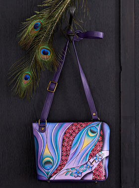 Hand-painted Peeking Peacock Crossbody Bag