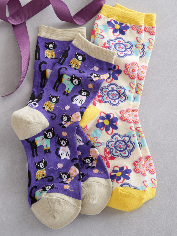 Cutest Crew Socks - Kittens in Cardigans and Flower Power - Set of both
