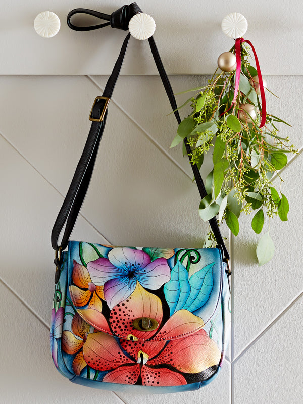 Orchid Hand-Painted Crossbody Saddle Bag