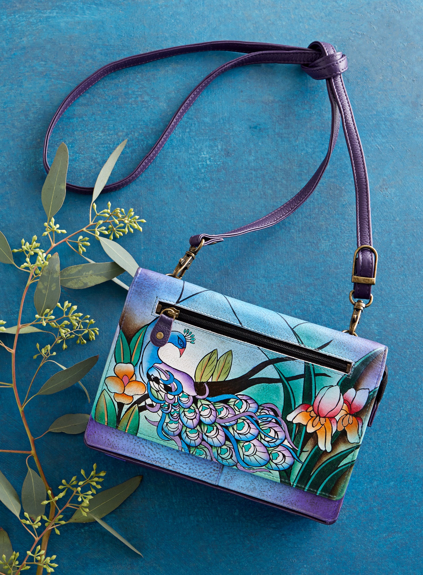 Purple Peacock Hand-painted Wallet Bag | Petalura