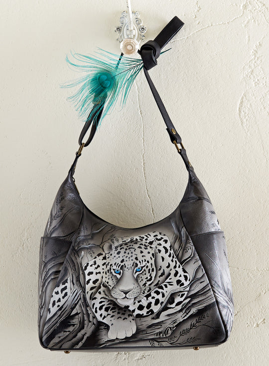 Snow Leopard Hand-painted Leather Hobo Bag